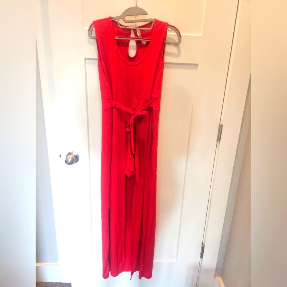 True Rock Red Ribbed Maxi Dress Size XXL | Sleeveless Stretch Knit Shorts Dress